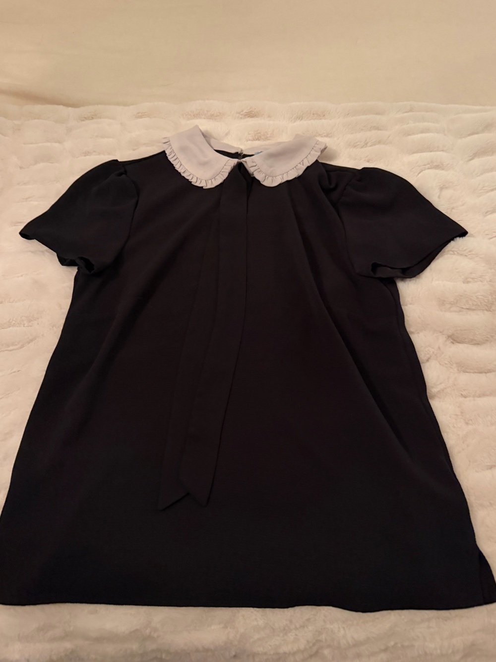 CeCe Black Blouse with White Ruffled Peter Pan Collar